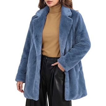 Lapel Faux Fur Coat for Women's Fuzzy Winter Warm Jacket Overcoat with Pockets