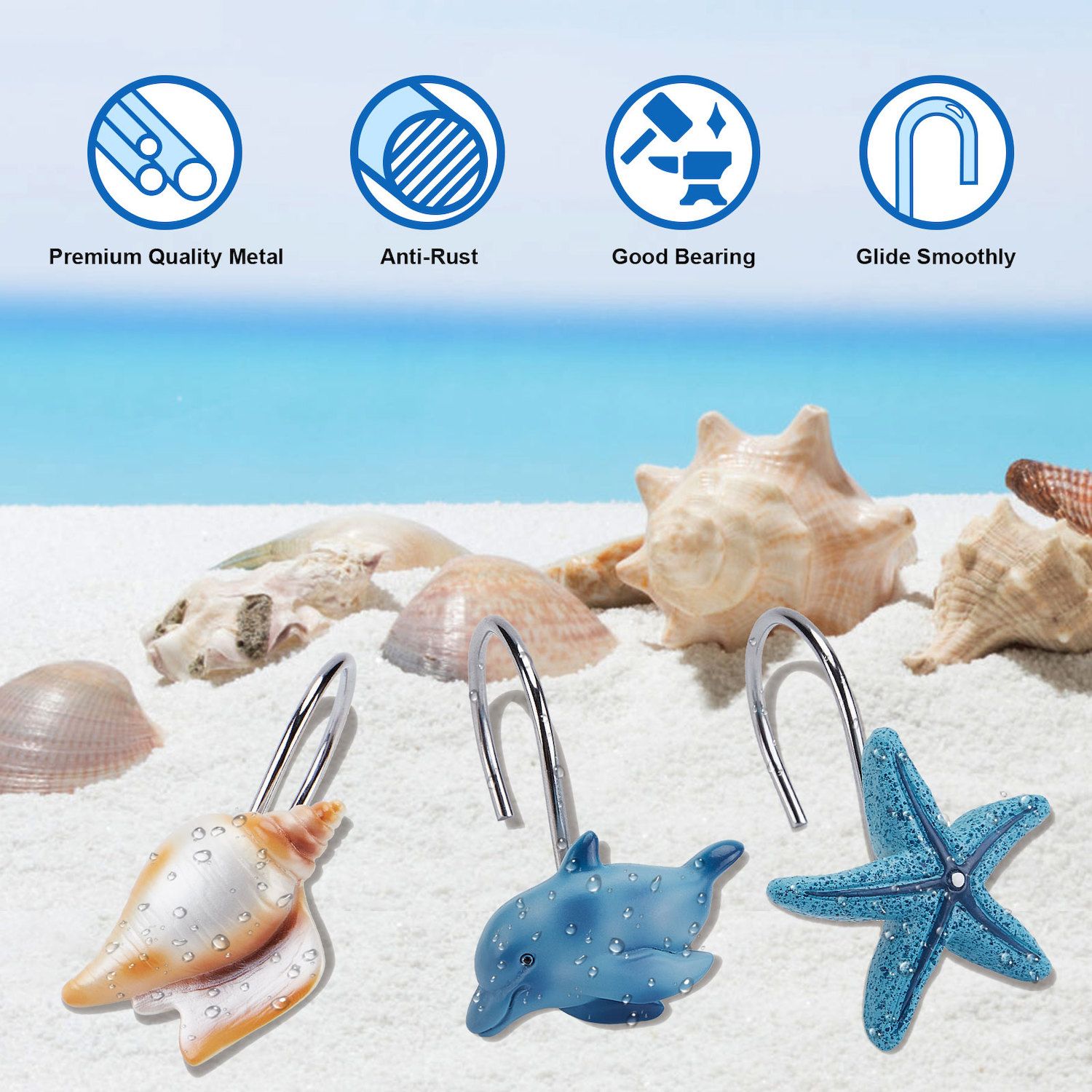 thumbnail image 2 of 12PCS Beach Shower Curtain Hooks, Anti Rust Resin Starfish Shell 2 of 10