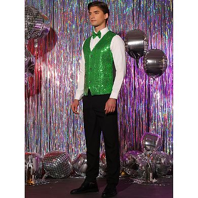 Men's Disco Shiny Sequin Vest Suit Waistcoat Set With Bow Tie