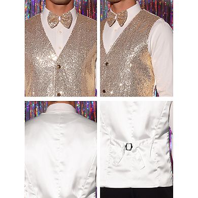 Men's Disco Shiny Sequin Vest Suit Waistcoat Set With Bow Tie