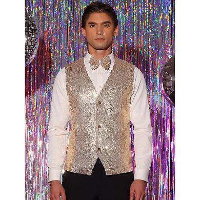 Men's Disco Shiny Sequin Vest Suit Waistcoat Set With Bow Tie