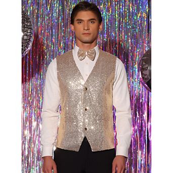 Men's Disco Shiny Sequin Vest Suit Waistcoat Set with Bow Tie