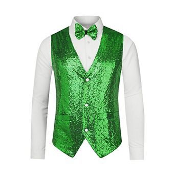 Men's Disco Shiny Sequin Vest Suit Waistcoat Set With Bow Tie