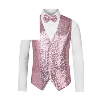 Men's Disco Shiny Sequin Vest Suit Waistcoat Set With Bow Tie
