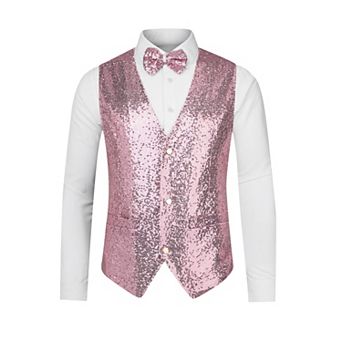 Men's Disco Shiny Sequin Vest Suit Waistcoat Set With Bow Tie