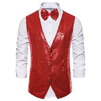 Men's Disco Shiny Sequin Vest Suit Waistcoat Set With Bow Tie