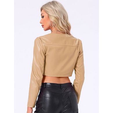 Women's PU Bolero Shrug Open Front Leather Cropped Jacket Long Sleeve Cardigan