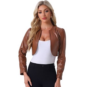 Women's Pu Bolero Shrug Open Front Leather Cropped Jacket Long Sleeve Cardigan