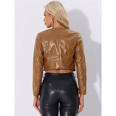 Women's Faux Leather Pu Long Sleeve Open Front Cropped Jacket