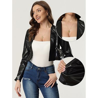 Women's Faux Leather Pu Long Sleeve Open Front Cropped Jacket