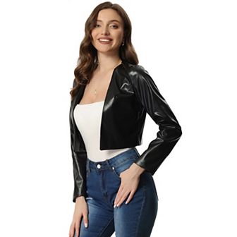 Women's Faux Leather Pu Long Sleeve Open Front Cropped Jacket