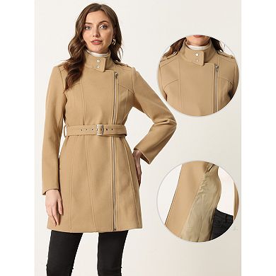 Classic Stand Collar Coat for Women's Zip Up Trench Coats with Belt