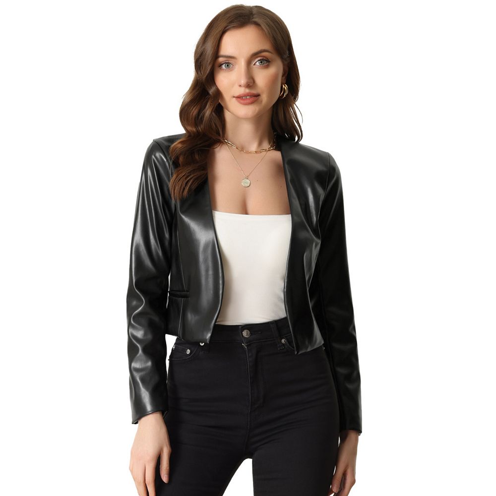 Women's Collarless Open Front Faux Leather Crop Moto Jackets
