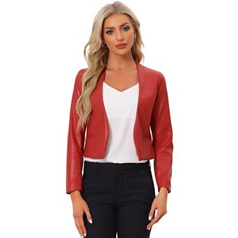 Women's Collarless Open Front Faux Leather Crop Moto Jackets
