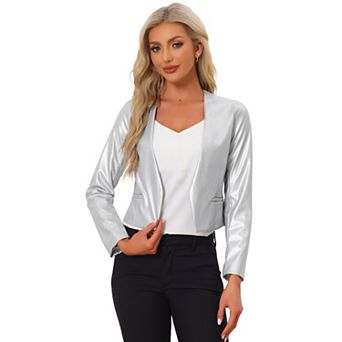 Women's Collarless Open Front Faux Leather Crop Moto Jackets