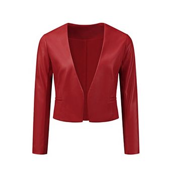 Women's Collarless Open Front Faux Leather Crop Moto Jackets