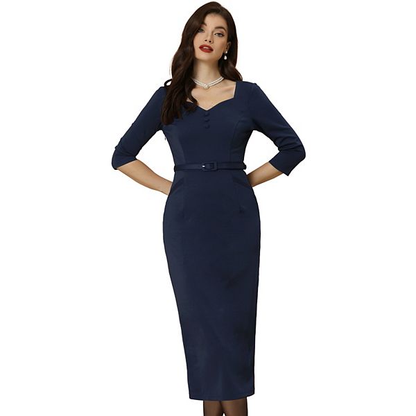 Elegant Sheath Dress for Women's Sweatheart Neck Half Sleeve Offce Work ...