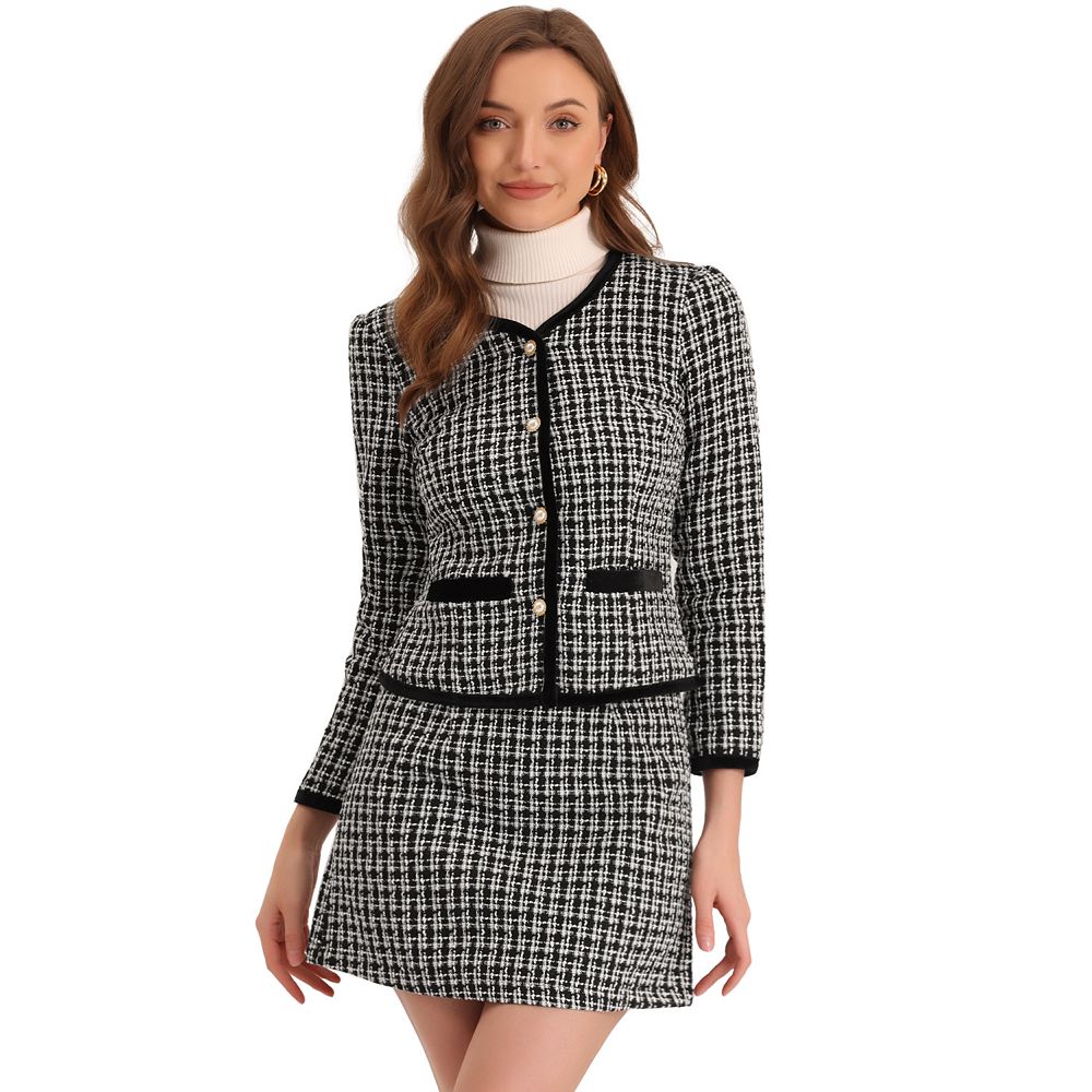 Women's Outfits Set Plaid Tweed Short Blazer Jacket And Skirt Sets