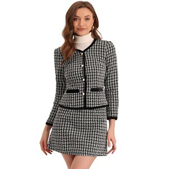 Women's Outfits Set Plaid Tweed Short Blazer Jacket and Skirt Sets