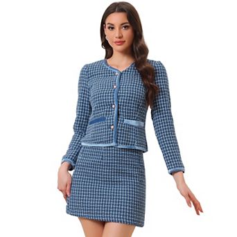 Women's Outfits Set Plaid Tweed Short Blazer Jacket And Skirt Sets