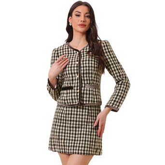 Women's Outfits Set Plaid Tweed Short Blazer Jacket And Skirt Sets