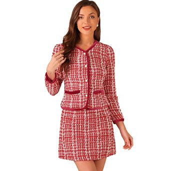 Women's Outfits Set Plaid Tweed Short Blazer Jacket And Skirt Sets