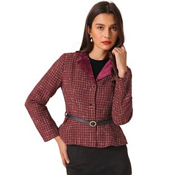 Women's Lapel Collar Single Breasted Belted Vintage Peplum Plaid Tweed Blazer