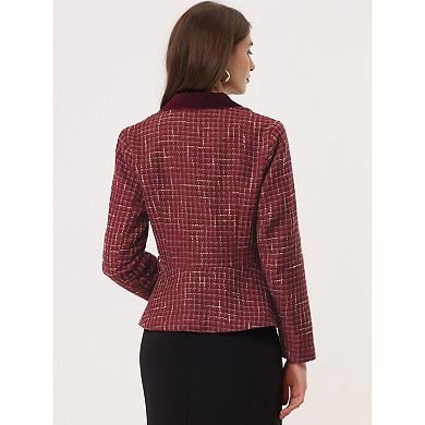 Women's Lapel Collar Single Breasted Belted Vintage Peplum Plaid Tweed Blazer