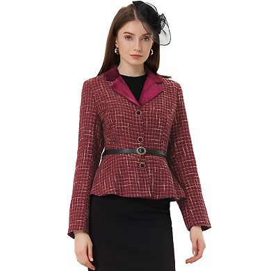 Women's Lapel Collar Single Breasted Belted Vintage Peplum Plaid Tweed Blazer
