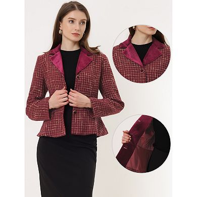 Women's Lapel Collar Single Breasted Belted Vintage Peplum Plaid Tweed Blazer