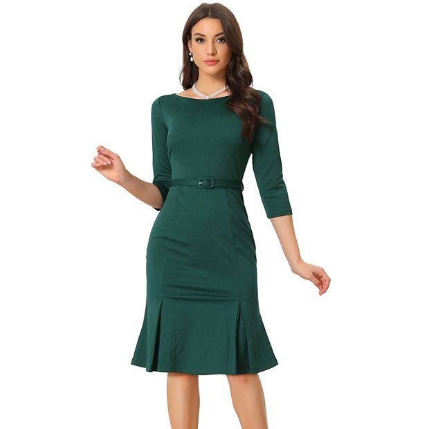 Business Elegant Boat Neck Half Sleeve Pleated Midi Solid Dress, Dark Green / XS