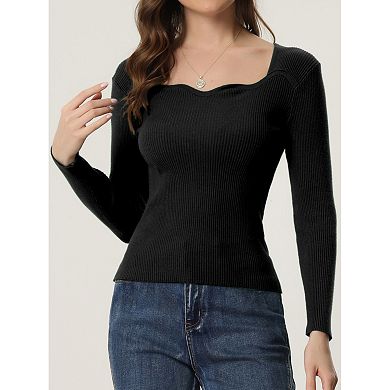 Women's Pullover Sweater Long Sleeve Sweetheart Neck Sweater Casual Top Slim Fit