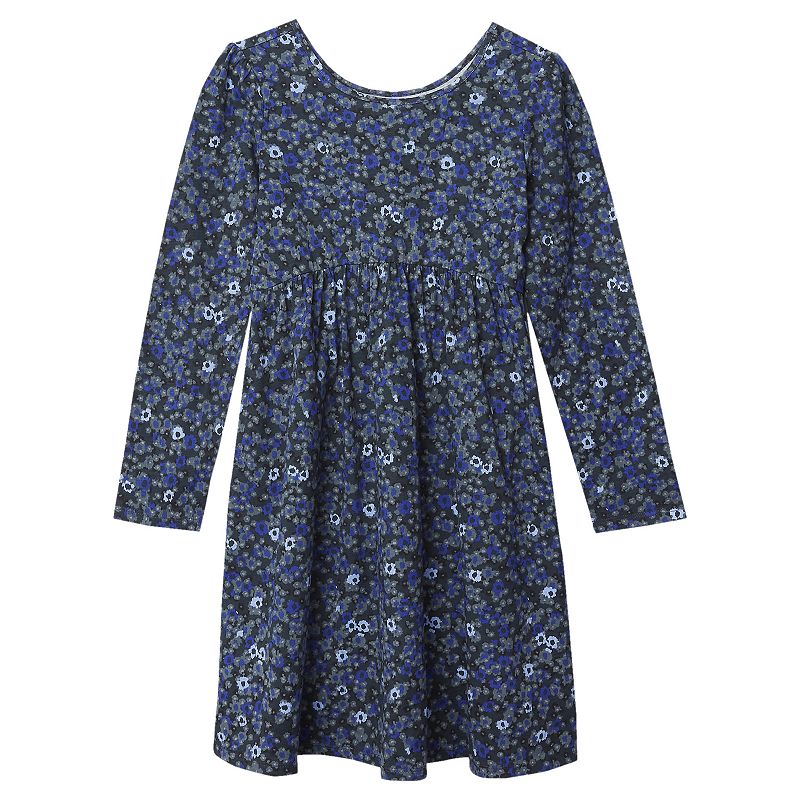 Girls 8-20 Lands' End Long Sleeve Gathered Waist Jersey Dress in Regular & Plus, Girl's, Size: XS(4/5), Black Floral Leopard
