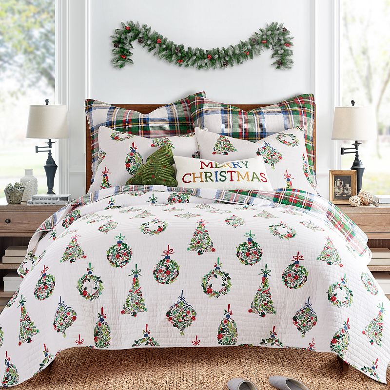 Levtex Home - Festive Baubles Quilt Set - Full/Queen Quilt and Two Standard Shams - Chirstmas - White  Green  Red - Quilt (88x92in.) and Shams (20x26in.) - Reversible - Cotton