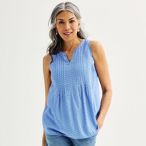 Petite Croft & Barrow® Pintuck Sleeveless Shell Top - Blue Ditsy (XS PETITE)