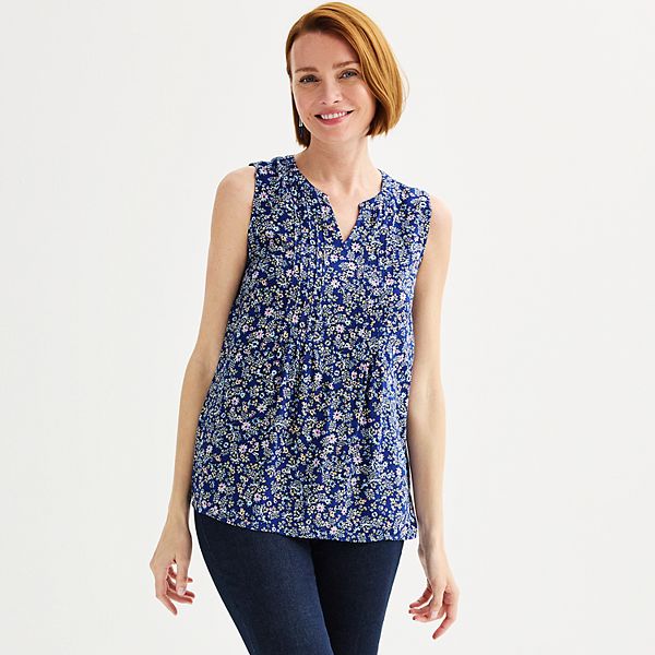 Petite Croft & Barrow® Pintuck Sleeveless Shell Top - Blue Leaves (XS PETITE)