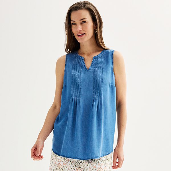 Petite Croft & Barrow® Pintuck Sleeveless Shell Top - Chambray (XS PETITE)