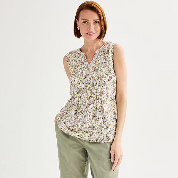 Petite Croft & Barrow® Pintuck Sleeveless Shell Top - Yellow Leaves (XS PETITE)