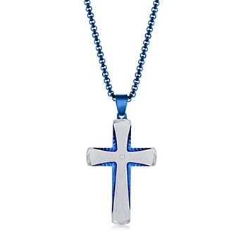 Metallo Stainless Steel Silver & Blue Plated Cross Necklace