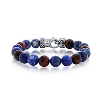Men's Metallo Stainless Steel Red Tiger Eye & Sodalite Bead Bracelet