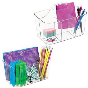 mDesign Small Plastic Caddy Tote for Desktop Office Supplies, 2 Pack, Clear