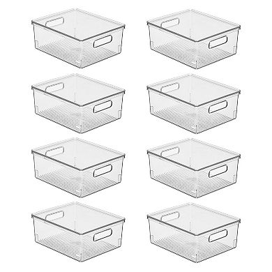 mDesign Large Plastic Stackable Kitchen Storage Box, Handles, Lid, 8 Pack, Clear