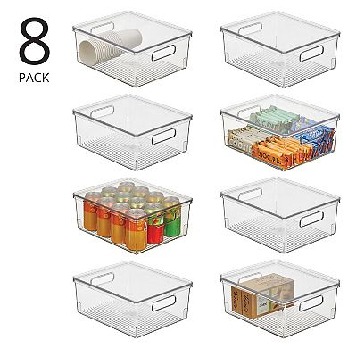 mDesign Large Plastic Stackable Kitchen Storage Box, Handles, Lid, 8 Pack, Clear