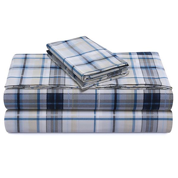 Tribeca Living Twin Tribeca Plaid 300 Thread Count Cotton Percale Extra Deep Pocket Sheet Set: Machine Washable, OEKO-TEX Certified