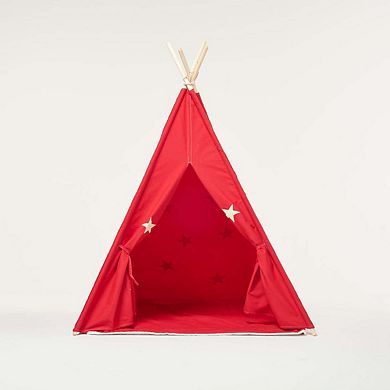 Cotton Canvas Teepee Play Tent w/Soft Carpet Red and Fluorescent Stars