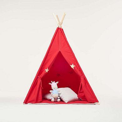 Cotton Canvas Teepee Play Tent w/Soft Carpet Red and Fluorescent Stars