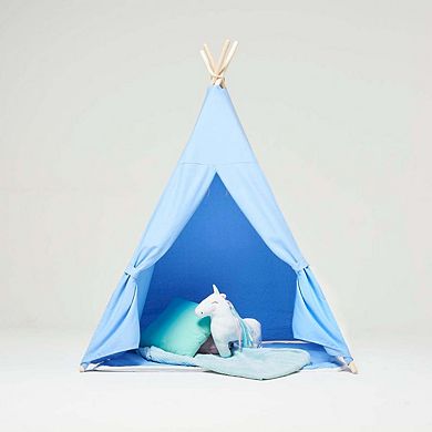 Cotton Canvas Teepee Play Tent with Soft Carpet Light Blue