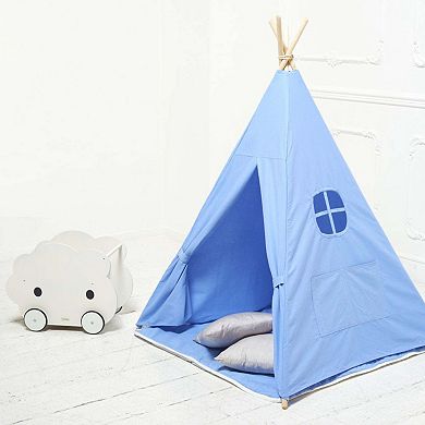 Cotton Canvas Teepee Play Tent with Soft Carpet Light Blue