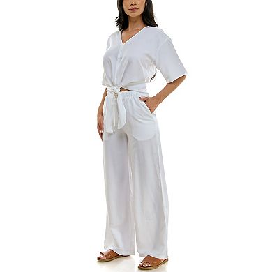 Women's Nina Leonard Tie Waist Top And Wide Leg Pant Set