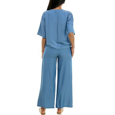 Women's Nina Leonard Tie Waist Top And Wide Leg Pant Set